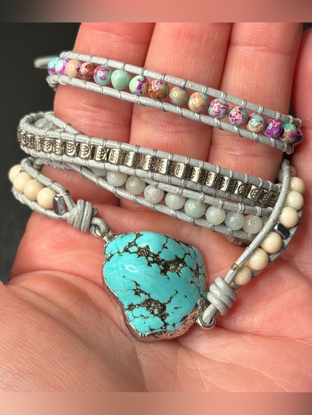 Boho Turquoise Color Wrap Bracelet Layered Statement Necklace Multi Gemstone